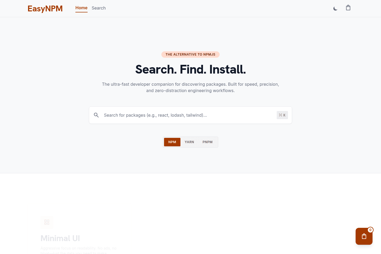 EasyNPM | Search. Find. Install. homepage preview