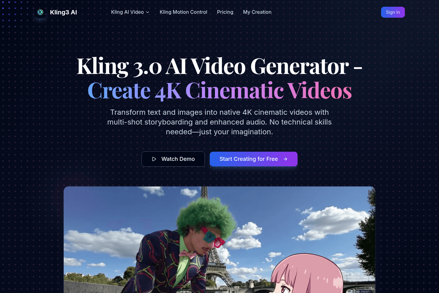 Kling 3.0 homepage preview