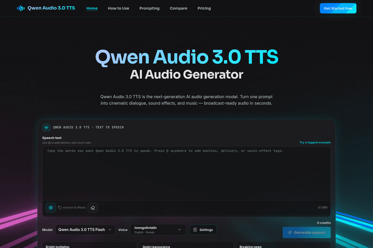 Qwen Audio 3.0 TTS homepage preview